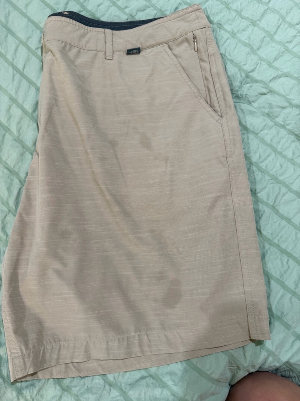 AFTCO Tan Athletic Men's Shorts with Zip Pocket. Some spots